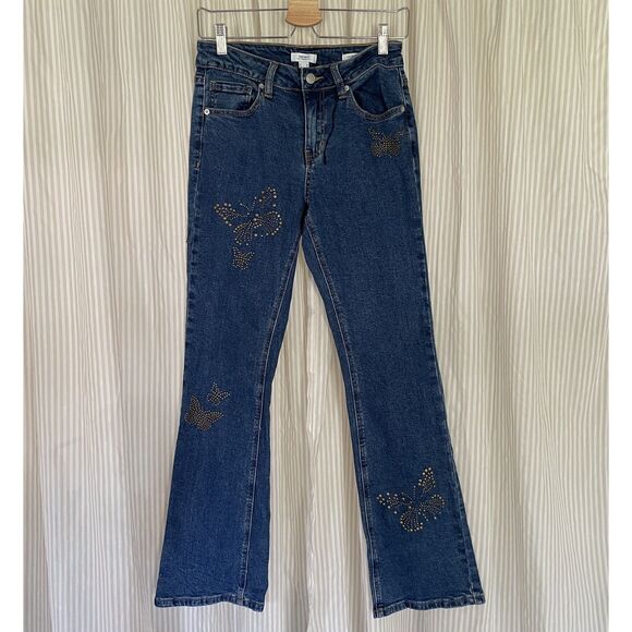 Womens Low Rise Bootcut Jeans Size 28 Dark Wash Butterfly Studded Y2K Denim - Picture 1 of 6
